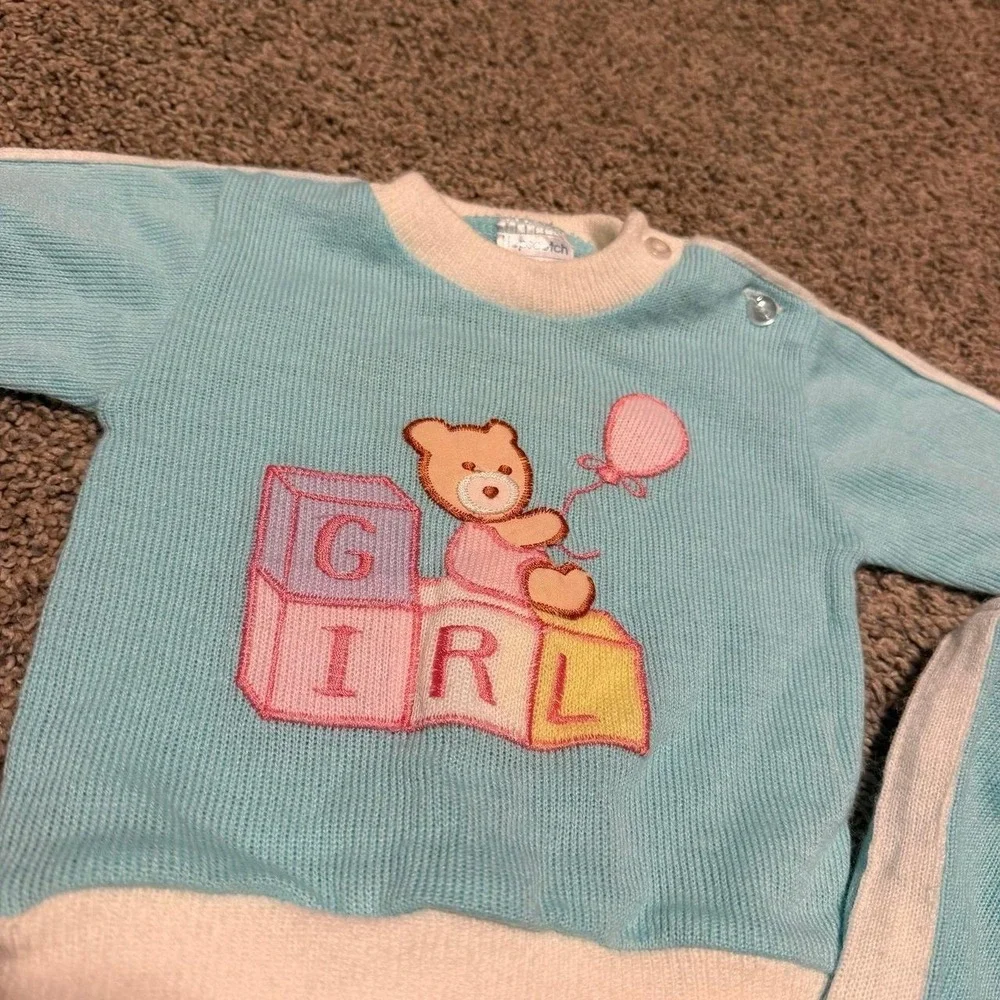 Vintage Hopscotch Baby Girl 0-6M Knit Sweater Pants Set Teddy Bear Blocks